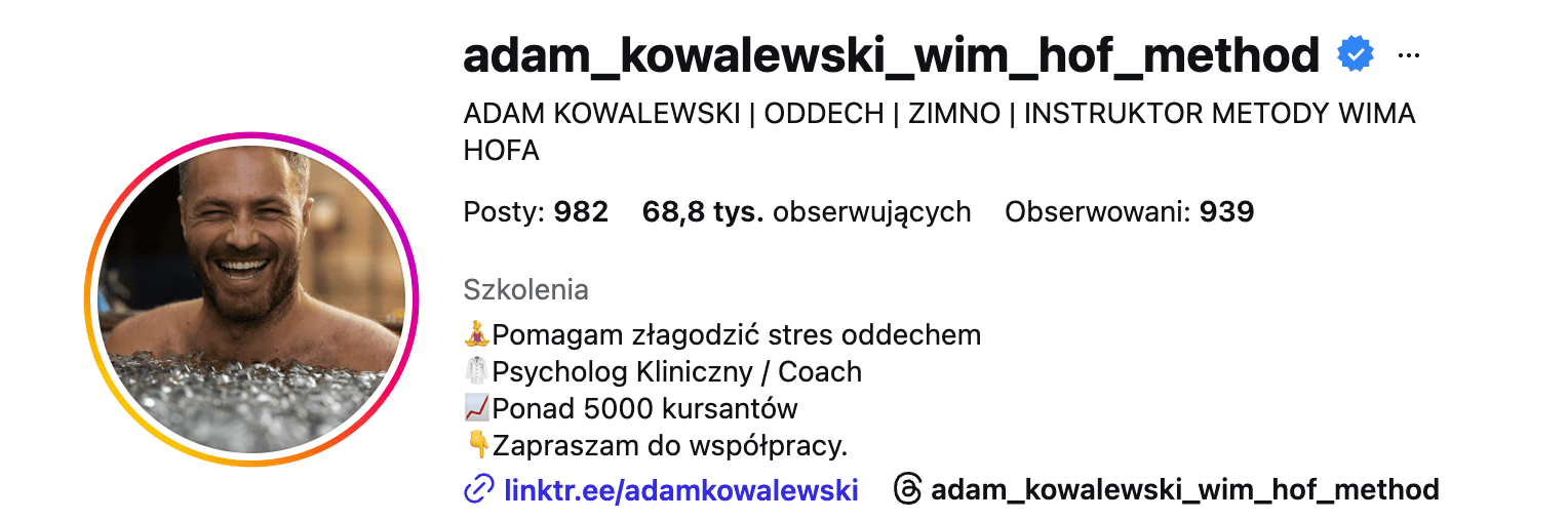 Profil na Instagramie: adam_kowalewski_wim_hof_method