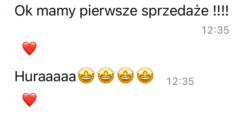 Zrzut wiadomości: „Ok mamy pierwsze sprzedaże !!!!”